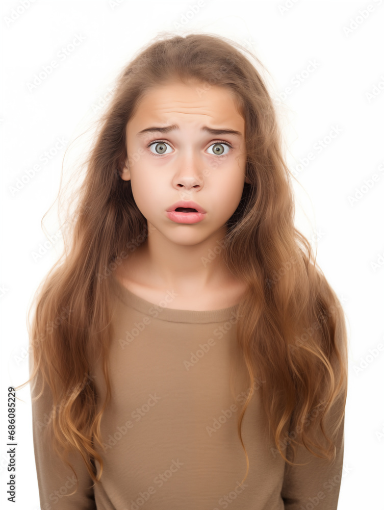 Pretty girl is surprised and discouraged. Isolated on white background Pretty girl is surprised and discouraged. Isolated on white background