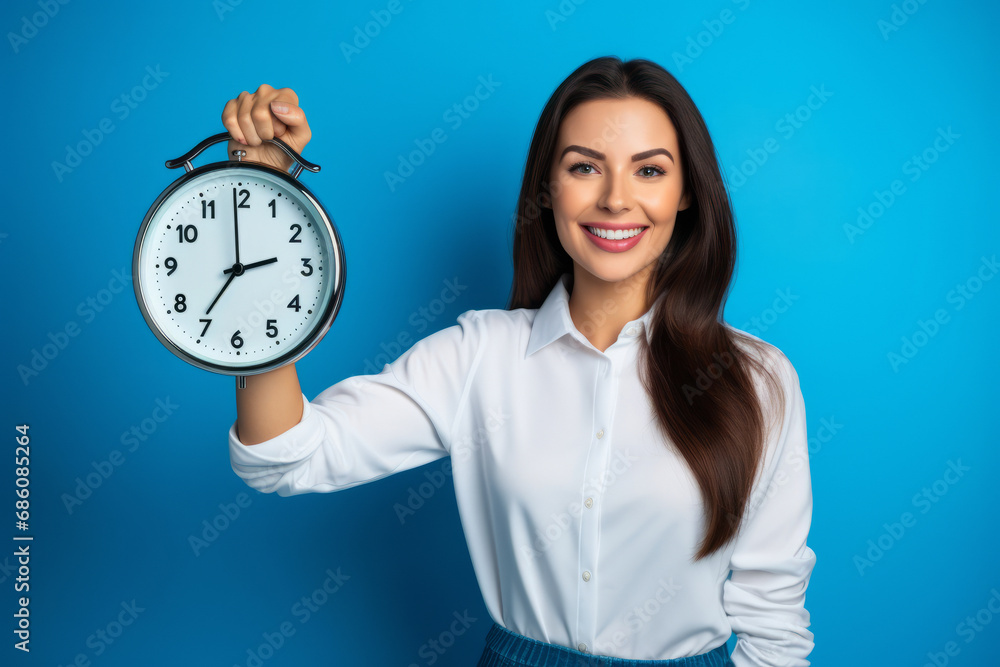 Smiling business woman in classic outfit holding large watch in right hand facing camera isolated on blue background with space for inscriptions and text.generative ai Smiling business woman in classic outfit holding large watch in right hand facing camera isolated on blue background with space for inscriptions and text.generative ai