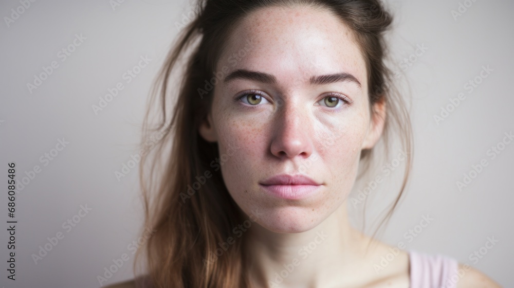 The camera zooms in on a Caucasian woman's face, capturing the nuances of her flawed skin against a light beige studio background. The camera zooms in on a Caucasian woman's face, capturing the nuances of her flawed skin against a light beige studio background.