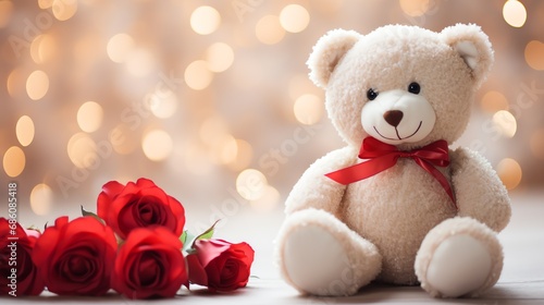 Super cute Teddy bear toy with red roses. Happy Valentine's day greeting card concept. AI generated image © yekaterinalim