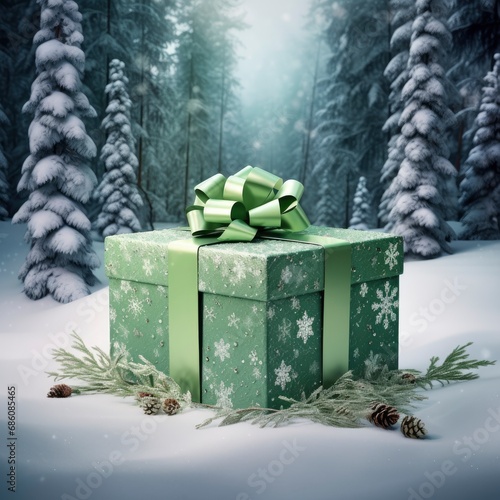 Wallpaper Mural Giant bright green gift box with ribbons in winter landscape with festive Christmas background Torontodigital.ca