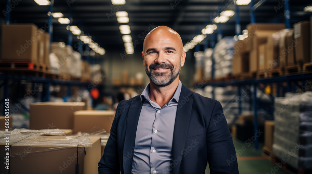 A middle aged business owner smiles in a large warehouse. Increased business growth