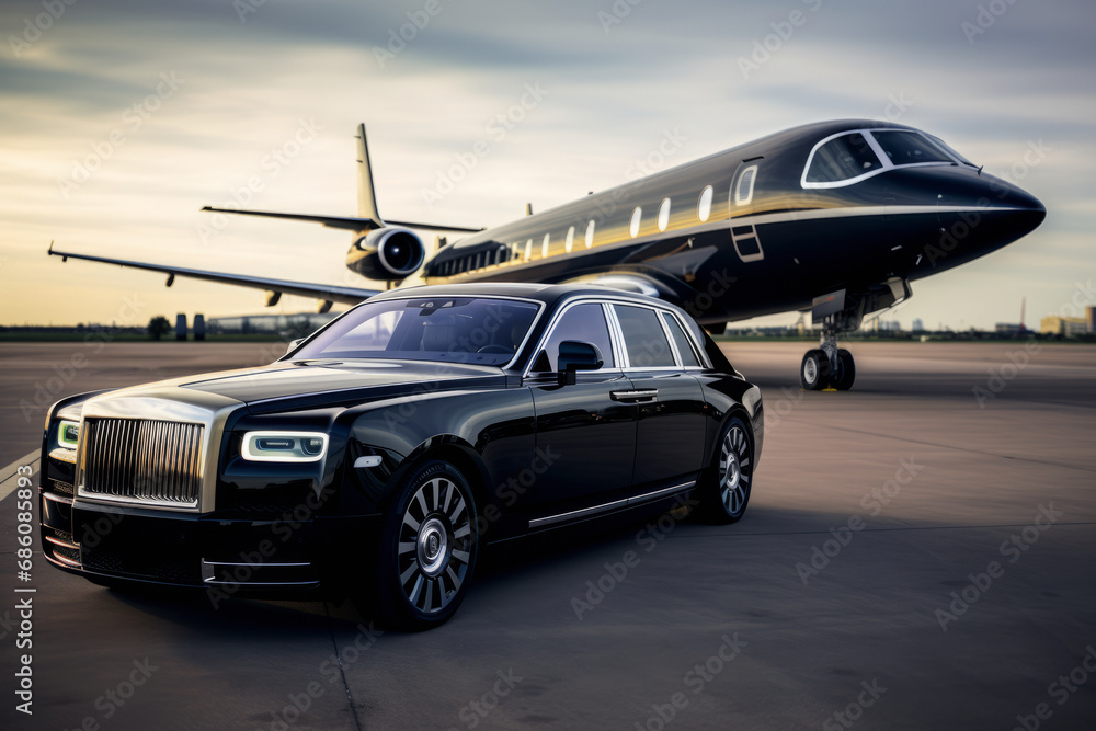 Luxury black car standing next to a private black jet at the airport, rich and luxurious life theme, front view.generative ai - obrazy, fototapety, plakaty 