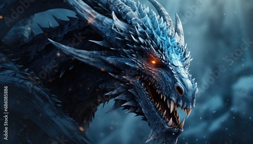 a blue and black dragon with gloving eyes