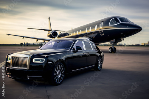 Luxury black car standing next to a private black jet at the airport, rich and luxurious life theme, front view.generative ai photo