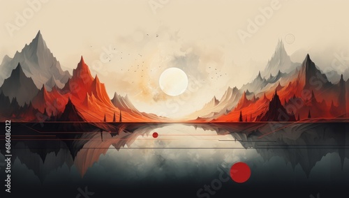 abstract artwork with a mountain and a sunset with geometry reflections
