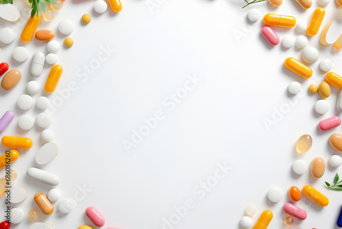 Medical white blank background with colorful pills and capsules all around with empty space inside, top view with space for product, text or inscriptions. Health and medicine theme.generative ai photo