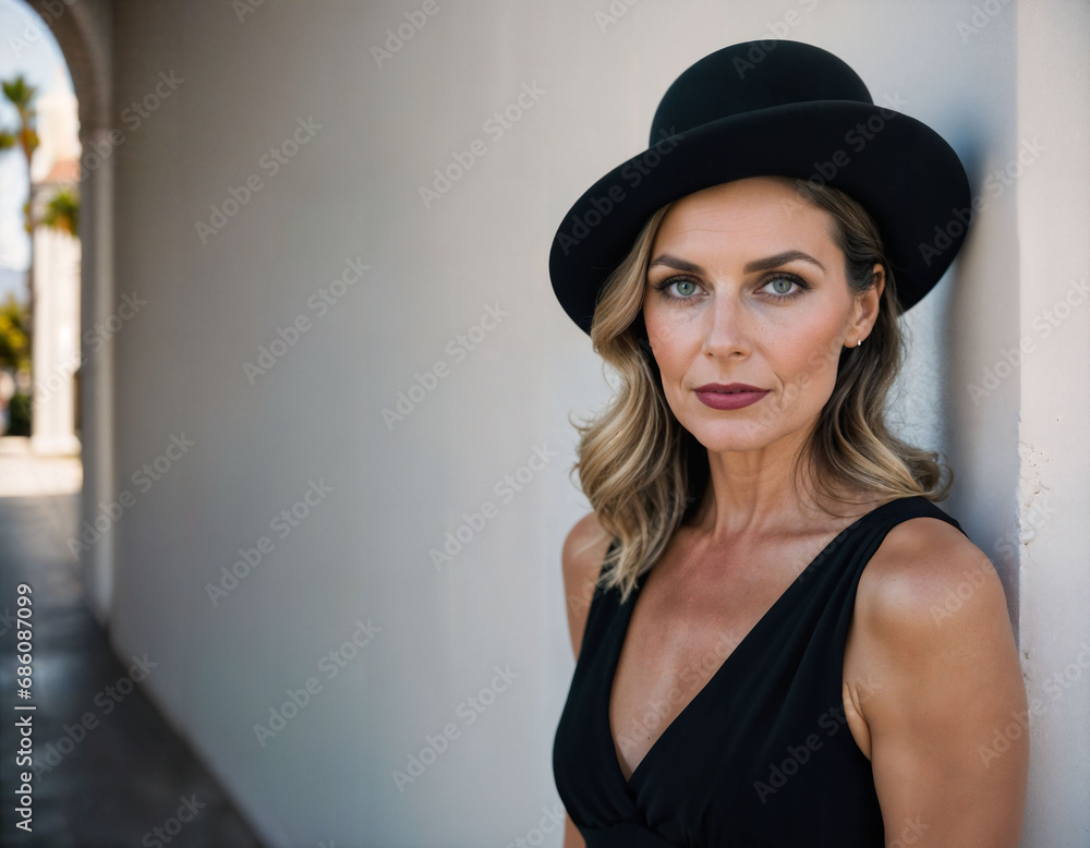 photo of beautiful middle aged woman with black dress and Hat standing in front of white wall church, generative AI photo of beautiful middle aged woman with black dress and Hat standing in front of white wall church, generative AI