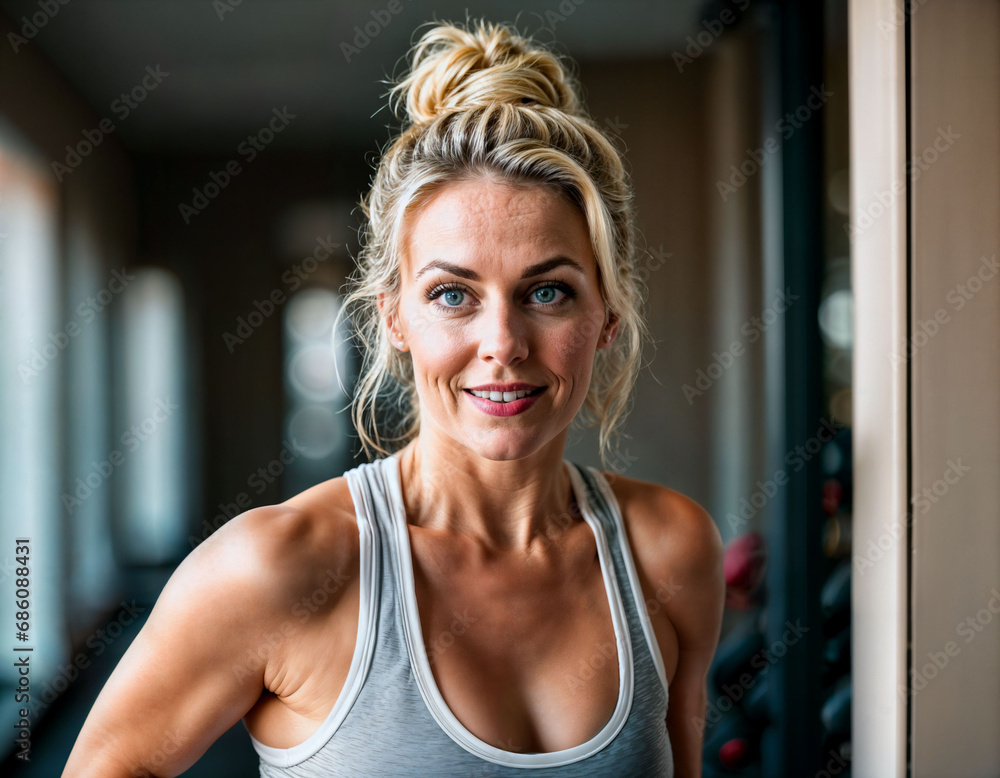 photo of beautiful middle aged woman with blonde hair and sport outfit doing exercise in gym, generative AI