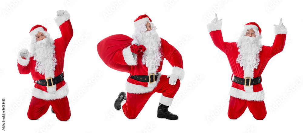 Santa Claus on white background, set of photos. Christmas celebration Santa Claus on white background, set of photos. Christmas celebration
