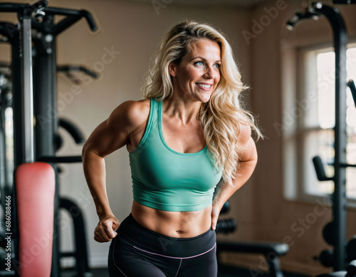 photo of beautiful middle aged woman with blonde hair and sport outfit doing exercise in gym, generative AI