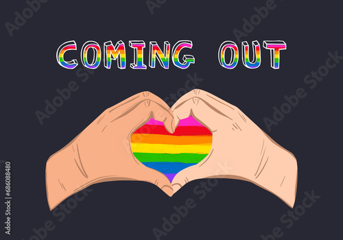 Coming Out. Gay couple making heart with hands on dark background. Pride flag between their fingers, illustration