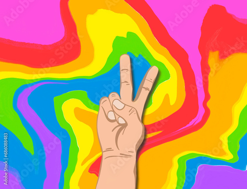 Person showing peace gesture against background in colors of pride flag, illustration