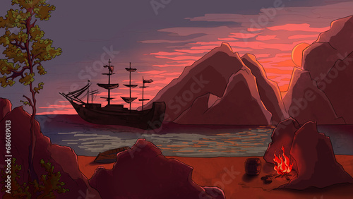 pirate ship at sunset, landscape with a bonfire on the beach