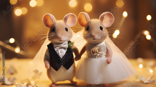 Two super cute mouses bride and groom. Lovely wedding couple. AI generated image © yekaterinalim