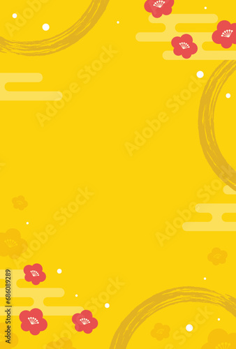 年賀状背景素材、背景黄色の梅の花の模様縦長サイズ