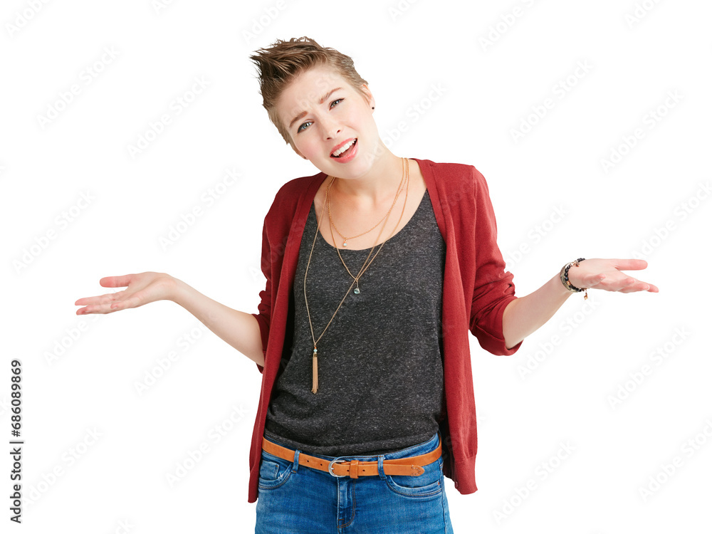 Isolated woman, open hand and confused in portrait for choice, options and review by transparent png background. Girl, fashion and why with palm for decision, doubt and questions in trendy clothes Isolated woman, open hand and confused in portrait for choice, options and review by transparent png background. Girl, fashion and why with palm for decision, doubt and questions in trendy clothes