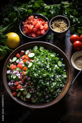 Tabbouleh salad surrounded by its ingredients on wooden table.