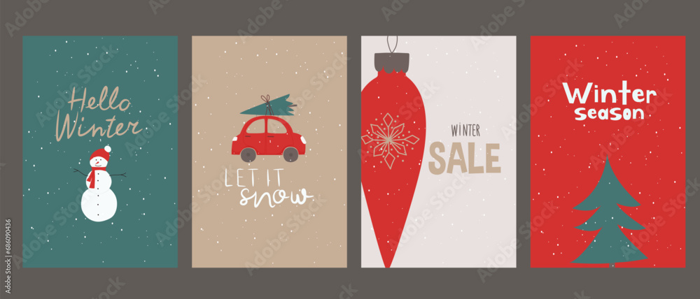 Naklejka premium Hello winter. Winter pictures. New Year cards. A set of postcards on Christmas and New Year themes. Merry people and Christmas 