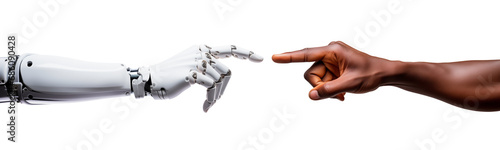 Robot and human hand touching their index finger, gesture isolated on white background - Concept about tech innovation, machine learning progress and partnership with artificial intelligence photo