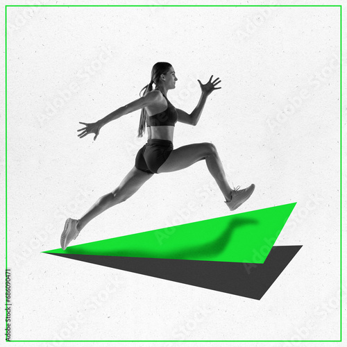 Contemporary art collage. Young woman, fast jogger take part in the race against white background with geometry figures. minimal design.