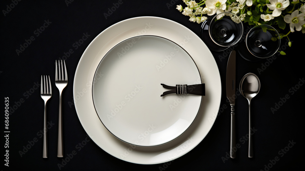 Table setting at black background.