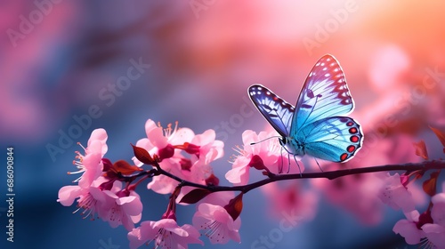 Beautiful blue butterfly sitting on the Pink blossom Sakura tree. AI generated image © yekaterinalim