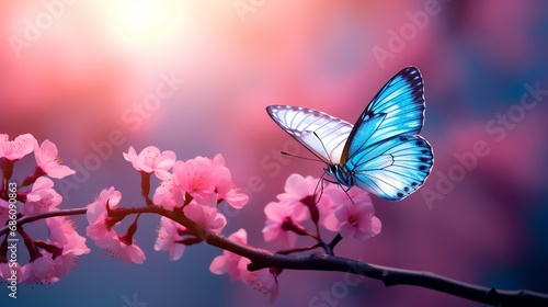 Beautiful blue butterfly sitting on the Pink blossom Sakura tree. AI generated image © yekaterinalim
