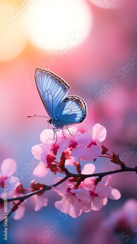 Beautiful blue butterfly sitting on the Pink blossom Sakura tree. AI generated image