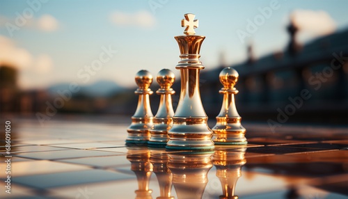 Close up the golden queen chess piece standing alone on a chessboard on dark background. Leader, influencer, lonely, commander, strong, and business strategy concept. Game business photo