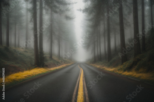 A Road in a dark  foggy forest