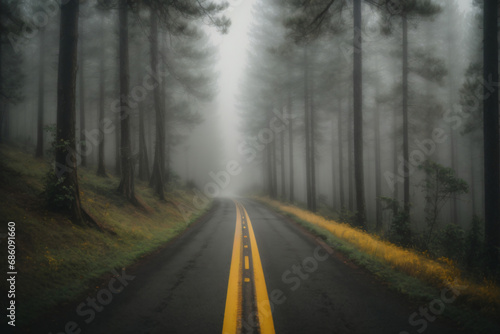 A Road in a dark, foggy forest