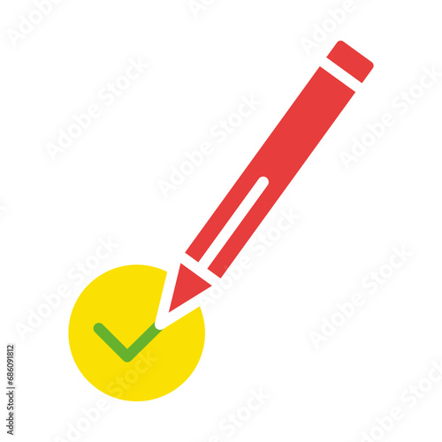 Pencil with a tick. Voting, elections, politics, candidates, government, take a test, take an exam, certification, sign an agreement, election campaign. Colorful icon on white background