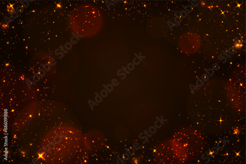 Shining gold stars sparkle on a dark background. Stardust vector template banner poster.