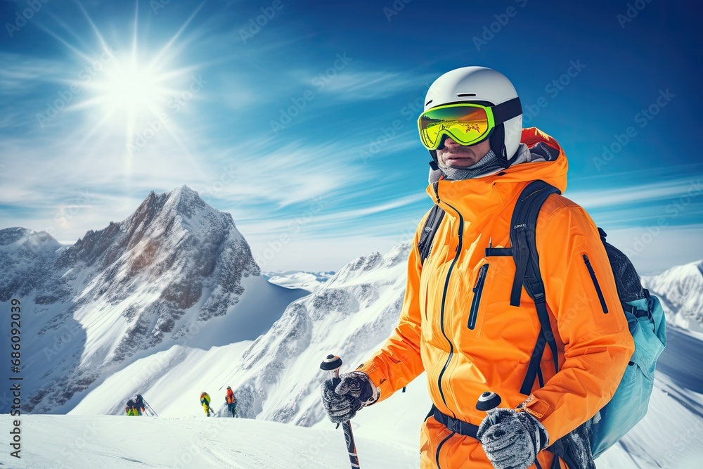 Portrait of a skier with helmet and goggles in orange suit, against snowy mountains, ai generative
