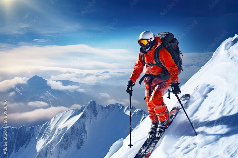 skier in red suit and helmet on top of the mountain, ai generative