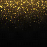 Golden confetti and glittering texture on black background. Sparkling space magical dust particles. Christmas concept.