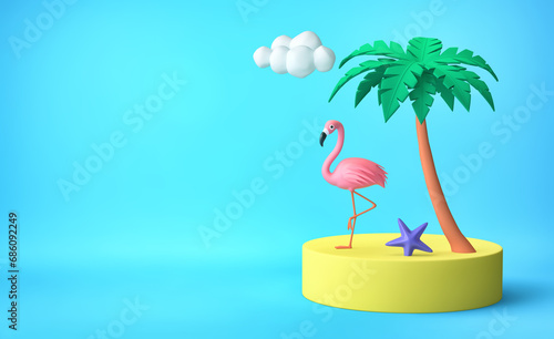 Tropical island with pink flamingo, purple starfish and palm tree. Summer vacation concept