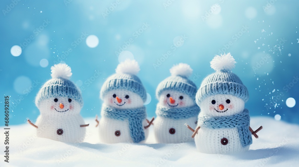 Little knitted snowmans on soft snow on blue background, copy space and generative ai Little knitted snowmans on soft snow on blue background, copy space and generative ai