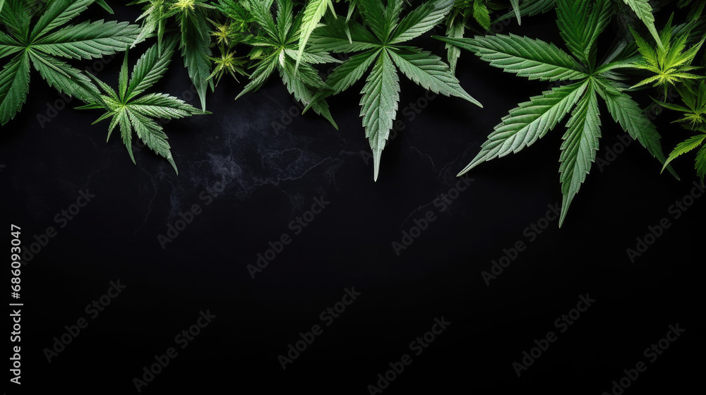 Marijuana cannabis leaves on the top of rustic black background with copy space - obrazy, fototapety, plakaty 