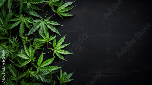 Marijuana cannabis leaves on the left of rustic black background with copy space