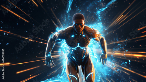 A futuristic man running through a glowing loop © Mishi