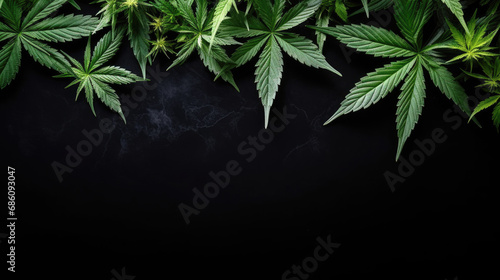 Marijuana cannabis leaves on the top of rustic black background with copy space photo