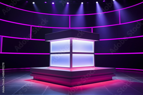  Empty podium with square on square and neon line gradient on podium and purple light on background. 3D rendering. High quality 3d illustration