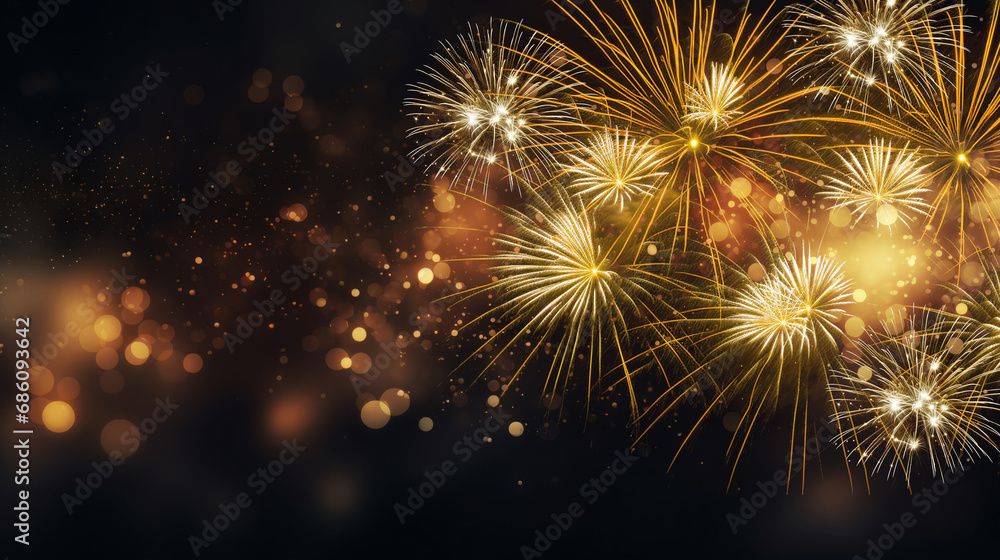 Silvester Party New Year, New Year's eve party festival background banner greeting card - Golden firework, sparklers, pyrotechnics, bokeh lights and glowing glitter particle on dark black night sky. Silvester Party New Year, New Year's eve party festival background banner greeting card - Golden firework, sparklers, pyrotechnics, bokeh lights and glowing glitter particle on dark black night sky.