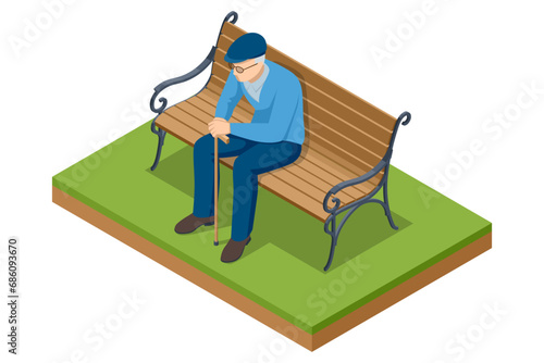 Isometric old man sitting on a bench in the park. Leisure activity, retirement. Grandfather resting in park, fresh air recreation. Old-age pensioner with disabilities.