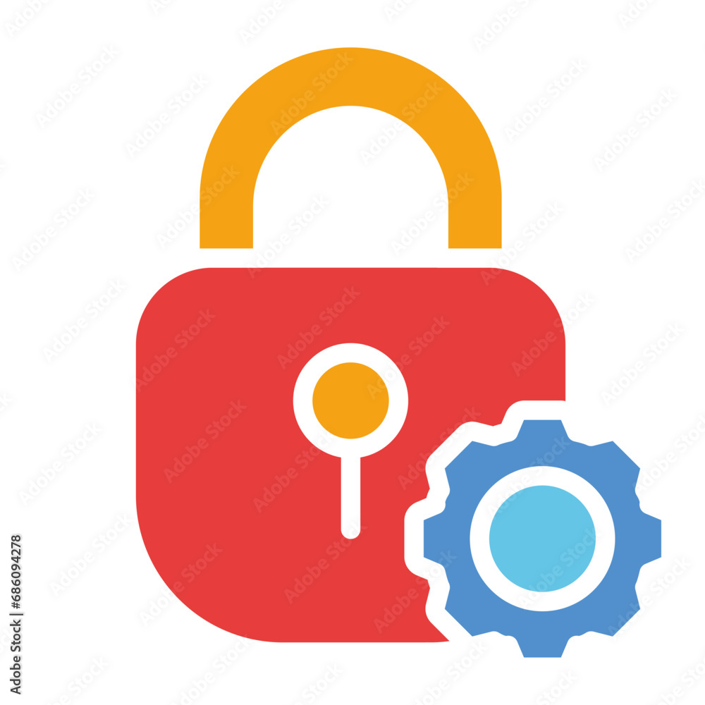 Lock with gear. Privacy settings, personal data protection, control panel, limit the access, personal information, security system, restrict. Colorful icon on white background Lock with gear. Privacy settings, personal data protection, control panel, limit the access, personal information, security system, restrict. Colorful icon on white background