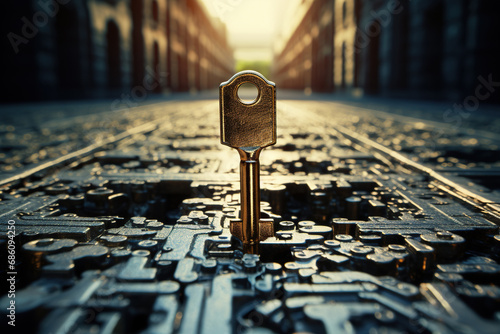 Old key on a road background, New Key in My Life concept, change, goals,  fresh start, AI generative..