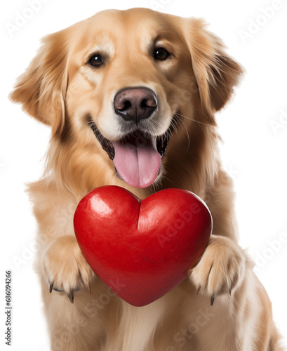 Happy golden retriever dog with a heart as symbol for love isolated on a white background
