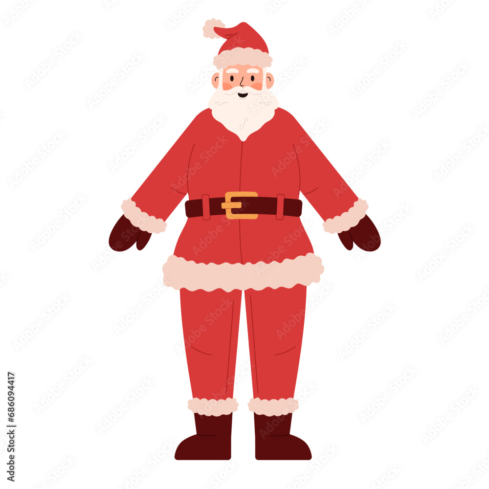 Santa Claus character front view, suitable for animation. Santa in a red suit and hat stands, vector illustration isolated on a white background. Santa Claus character front view, suitable for animation. Santa in a red suit and hat stands, vector illustration isolated on a white background.